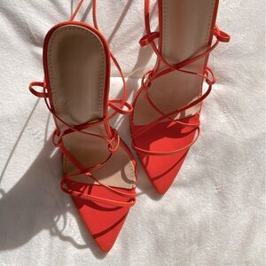 NWOT Bright Orange Lace-Up Strappy Women's Heels Pointy Toe